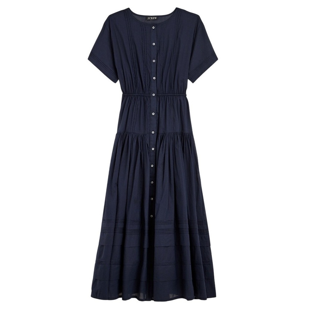 J.Crew Pintuck Shirt Dress Womens XXS Navy Blue Cotton Voile Midi Short Sleeve